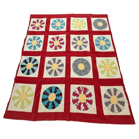 Antique Vintage Dresden Plate Quilt Red Sashing Hand Stitched 66x74” Patchwork - Picture 4 of 14